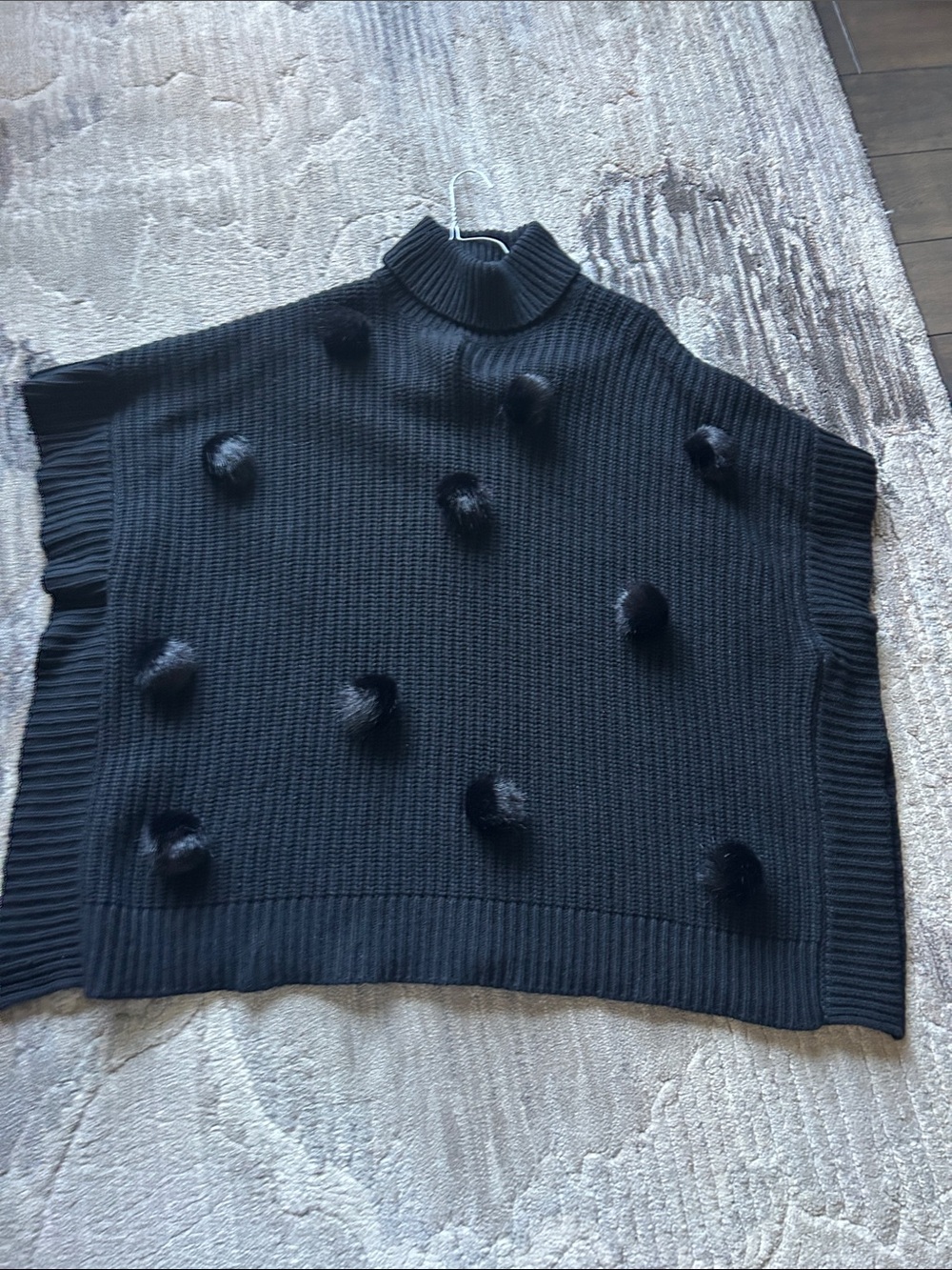 kate spade Black Ribbed Turtleneck Poncho Sweater with Pom-Poms